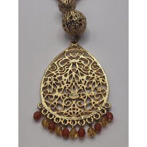 Graziano Statement Necklace Filigree Tear Drop Medallion Pendant Carnelian Beads